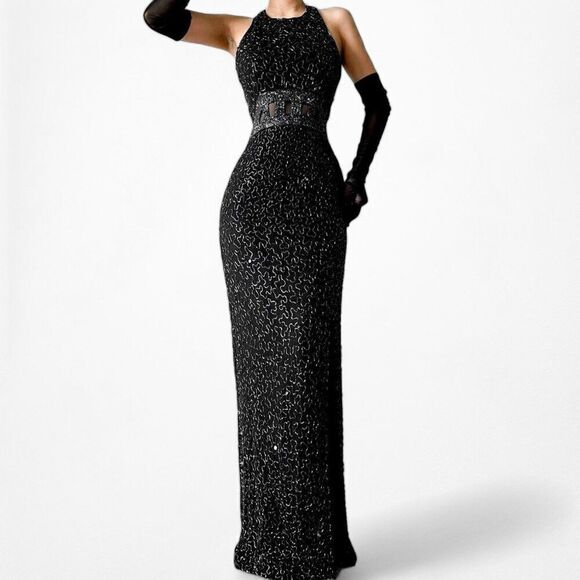 Vintage Black Cutout Beaded Silk Side Slit Maxi Bodycon Formal Dress Size XS/S - Picture 3 of 8